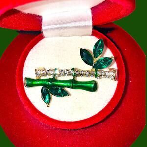 NWOT! Green Crystal Leaves & Clear Rhinestone Bamboo Brooch!